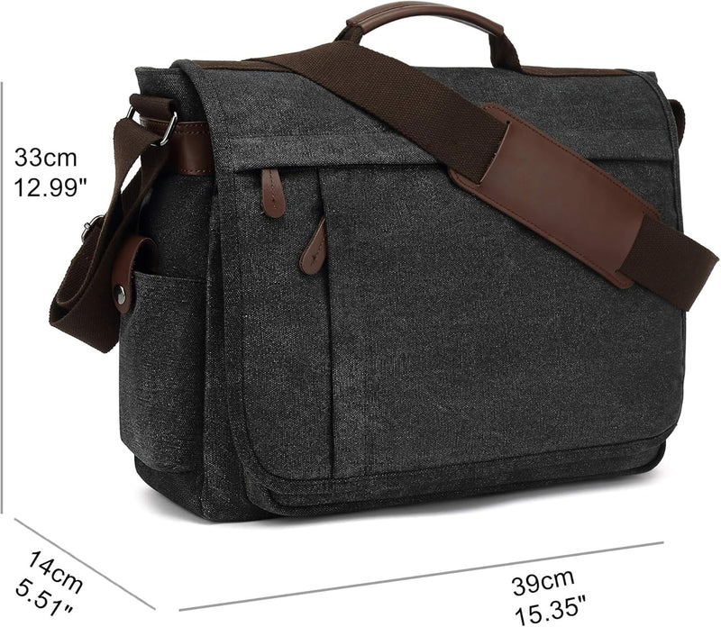 CALIYO Umhängetaschen Herren aus Canvas Schultasche Queformat A4 Laptoptasche für 15,6 Zoll Laptop A