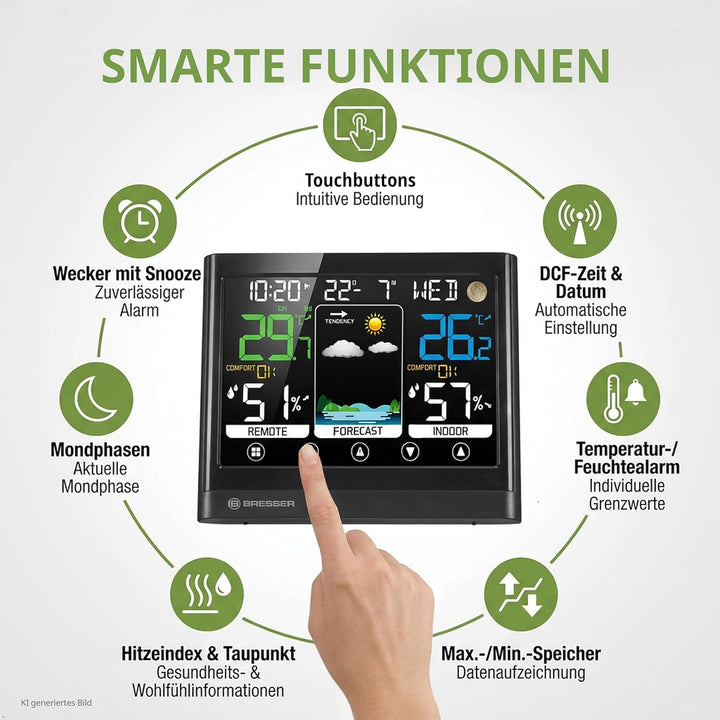 Bresser MeteoTemp BF Funk Wetterstation mit Touch-Display, Aussensensor, Wettervorhersage, Raumklima
