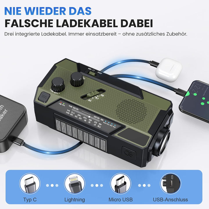 Kurbelradio Notfallradio 4000mAh (14800 mWh) Akku, Powerbank mit 3 integrierten Kabeln, Radio mit Ku