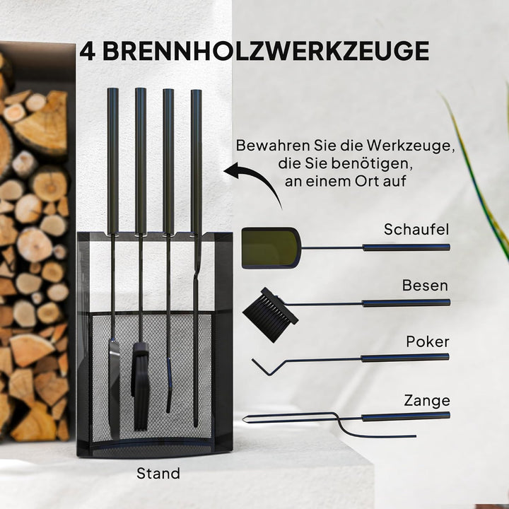 Outsunny Kaminbesteck Set 5 teilig Kaminzubehör mit Besen, Schaufel, Schürhaken Zange Ständer, Kamin