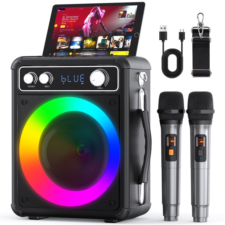 Tragbare Karaoke Maschine mit 2 kabellose Mikrofone, Ankuka Bluetooth Lautsprecher Box für Erwachsen