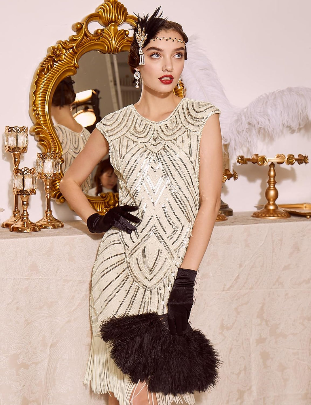 BABEYOND Damen Kleid voller Pailletten 20er Stil Runder Ausschnitt Inspiriert von Great Gatsby Kostü