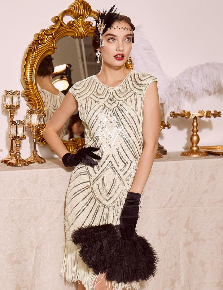 BABEYOND Damen Kleid voller Pailletten 20er Stil Runder Ausschnitt Inspiriert von Great Gatsby Kostü