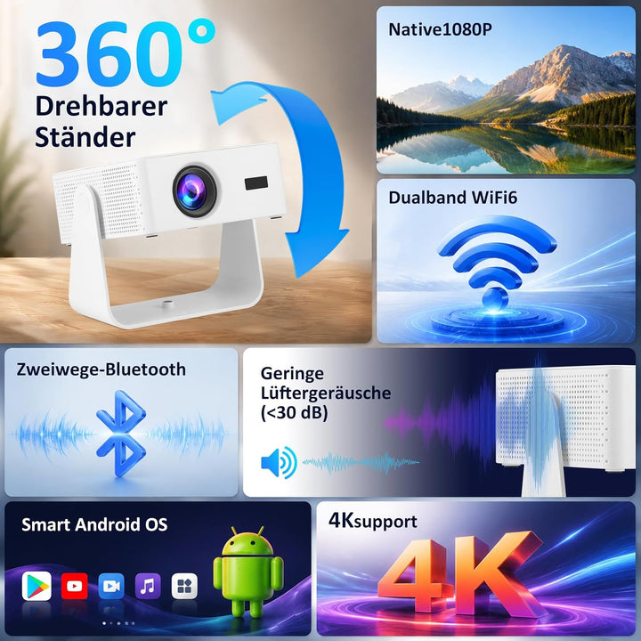 2026 Neuer Smart Mini Beamer Integrierte APP, Android 13, Full HD 1080P, unterstützt 4K-Decodierung,
