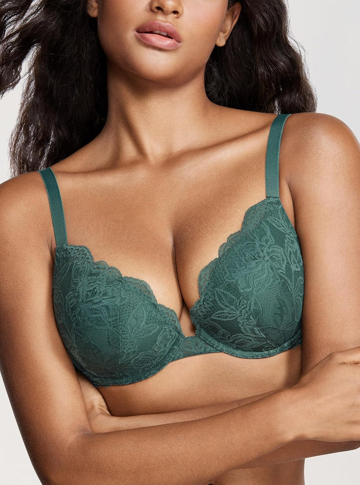 DOBREVA Damen Push Up BH Mit Spitze Gepolstert Plunge Bügel Vollschalen BHS Gemoldete Cups 70A Mitte