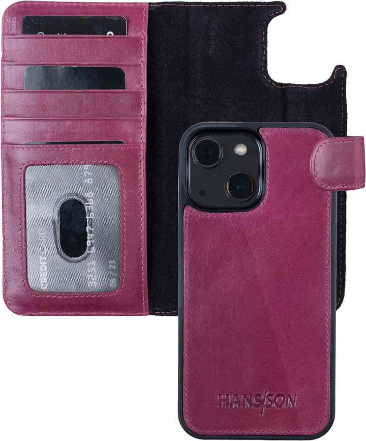 HANS/SON Hülle aus Echtleder kompatibel mit iPhone 13, Magenta, Lederhülle mit Kartenfächern, abnehm
