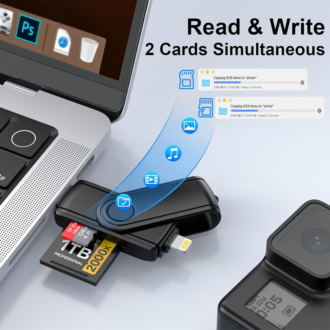 Card Reader 2-in-1 USB-C Lightning SD-Kartenleser für iPhone 15, iPad, Mac – Tragbarer Micro SD/SD-A