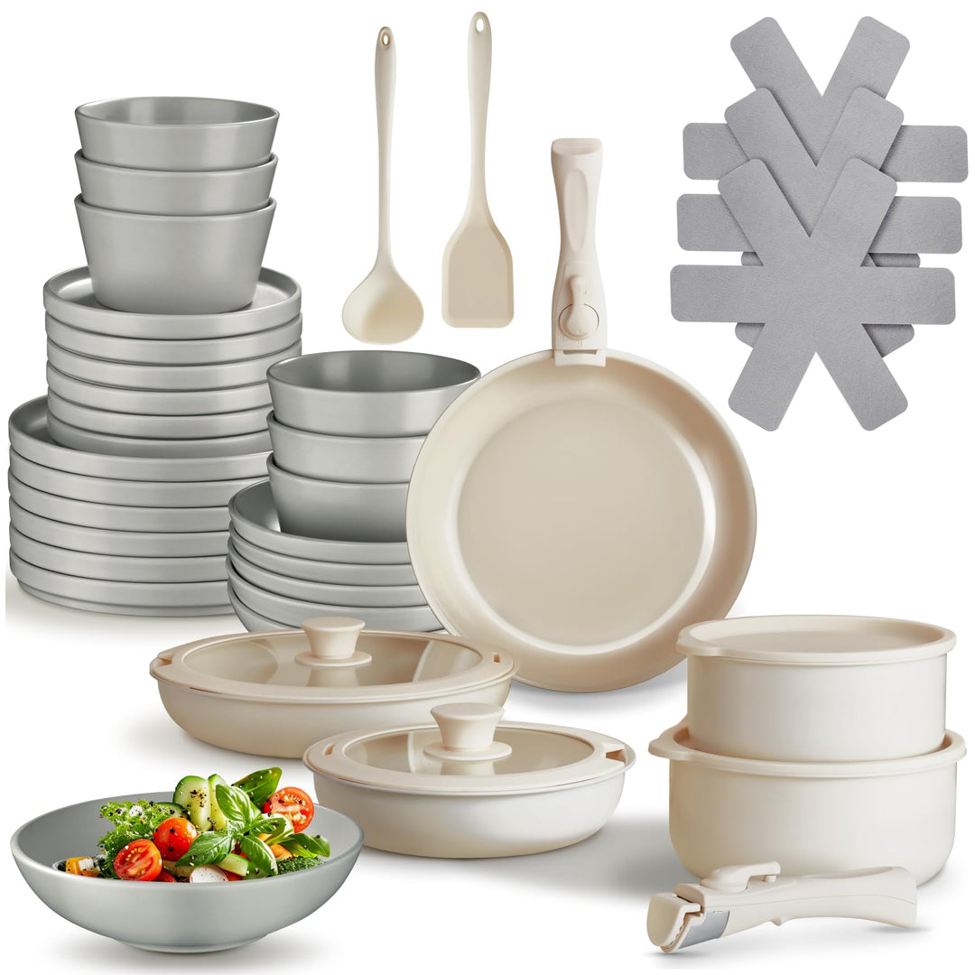 tectake® Küchenstarterset 6 Personen, Steingut Geschirr Set, Teller, 3 Pfannen, 2 Töpfe, rostfreies