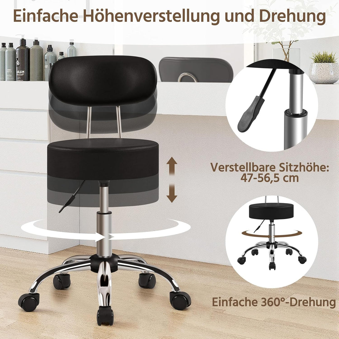 Yaheetech Rollhocker Arbeitshocker mit Rückenlehne Höhenverstellbarer 75.5-85cm,Drehhocker mit Rolle