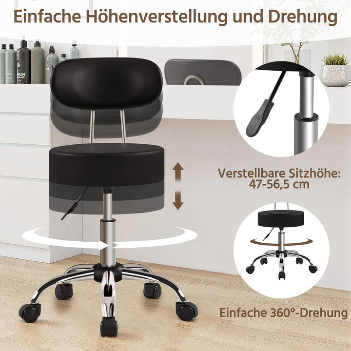 Yaheetech Rollhocker Arbeitshocker mit Rückenlehne Höhenverstellbarer 75.5-85cm,Drehhocker mit Rolle