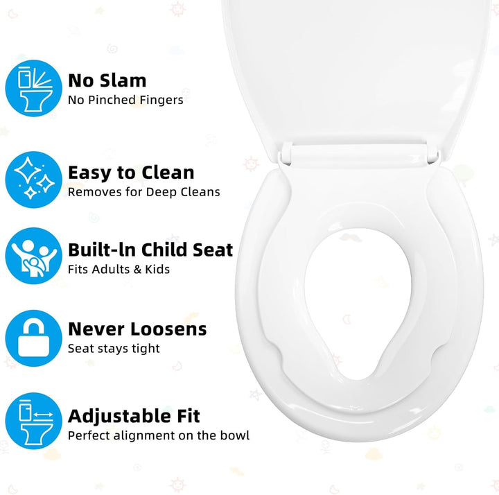 Familien Toilettendeckel mit Kinderaufsatz, 2-in-1 WC-Sitz Oval aus PP Kunststoff, Sanfte Absenkauto