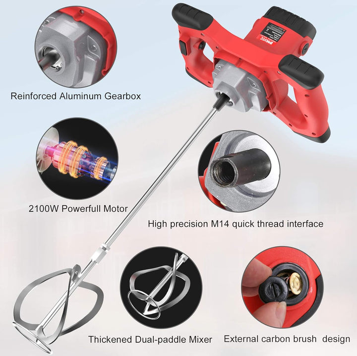 IMAYCC Mörtelrührer Rührwerk 2100W, 270-930U/min 6-Gang Einstellung Betonmischer 220V, M14 Spiralsta