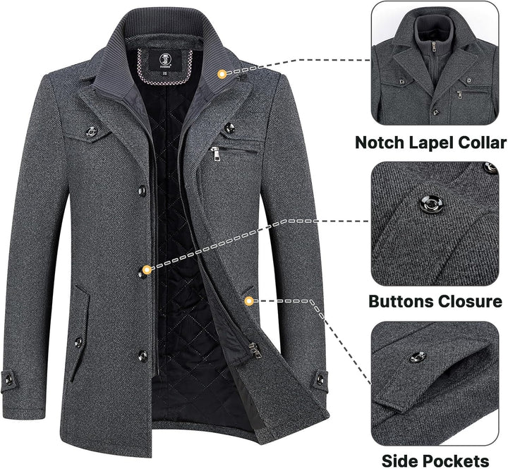 KUDORO Herren Wintermantel Wolle Kurzmantel Herren Wollmantel Mittellang Slim Fit für Business Freiz
