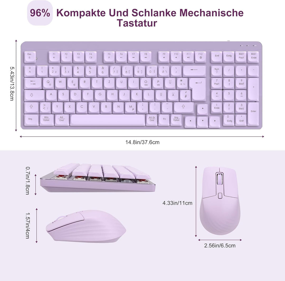 LeadsaiL FA98 Mechanische Tastatur und Maus Set Kabellos, QWERTZ Layout Funktastatur mit Maus, Low-P