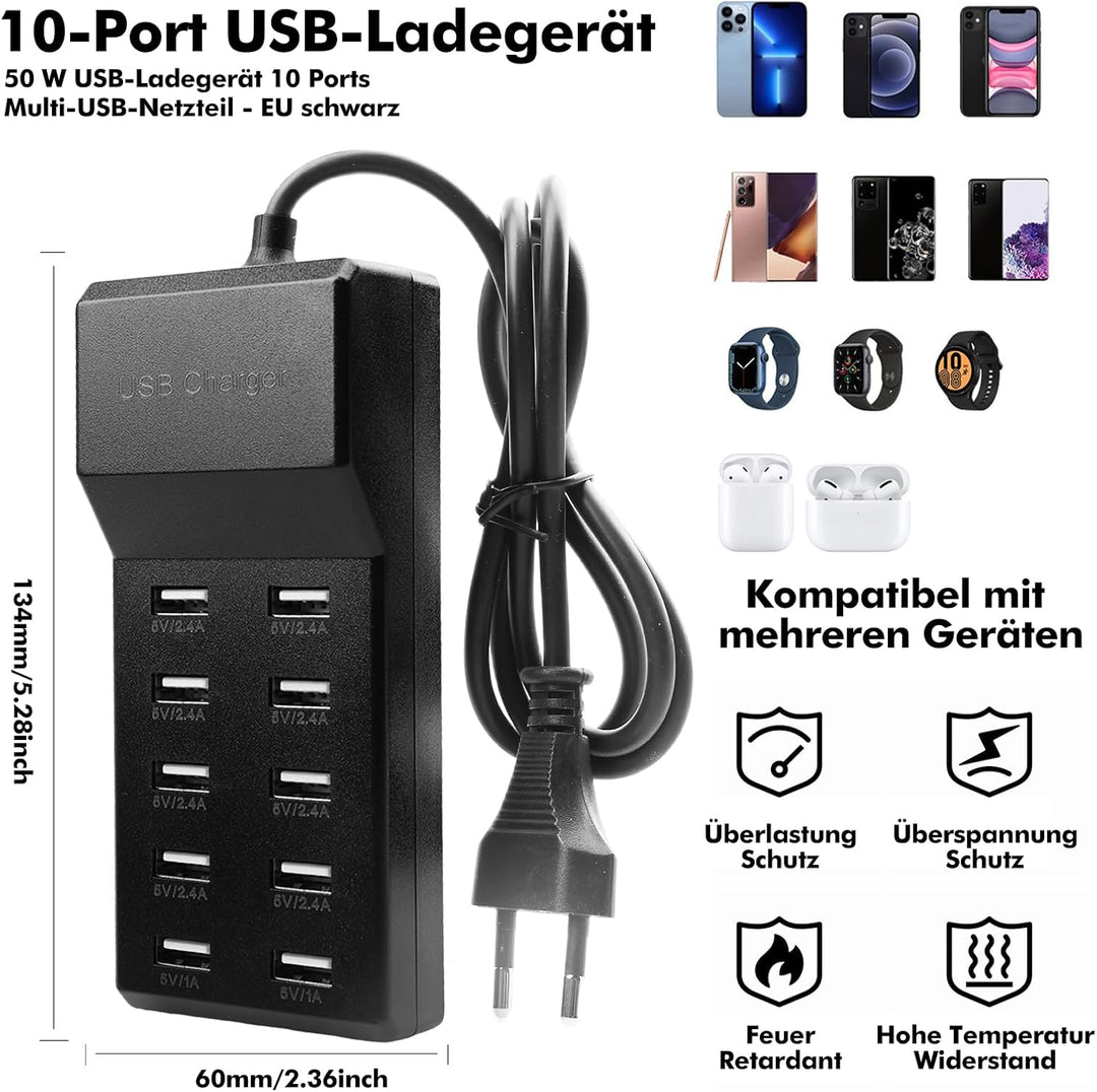 USB Ladegerät Mehrfach 10 Port, 50W USB Stecker Multi Hub Ladestation, Mehrfachstecker Adapter Kmpat
