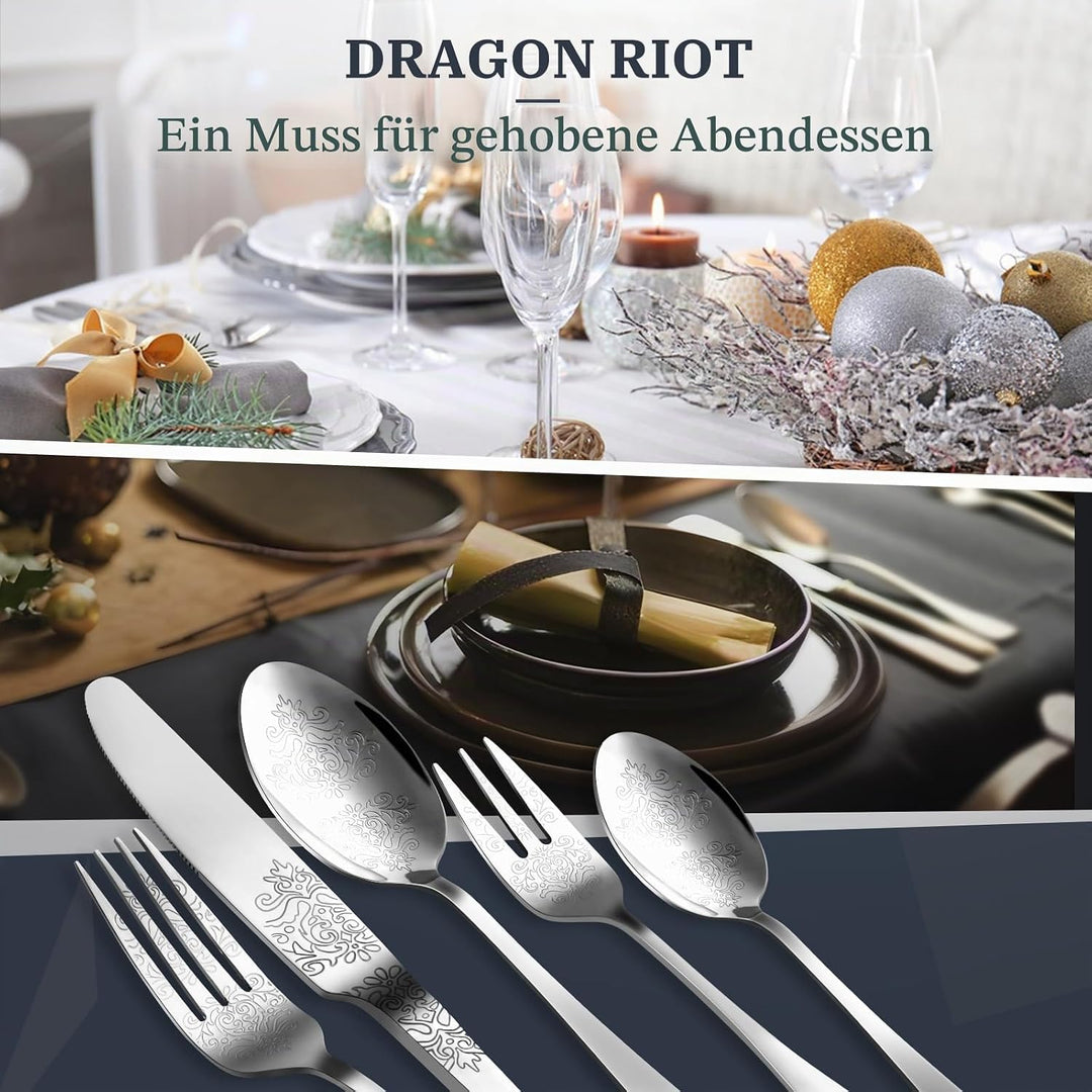 DRAGON RIOT Besteck Set 4 Personen - 20 teilig Edelstahl Besteckset, Silberbesteck mit Messer Gabel