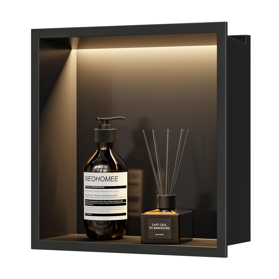 Neohomee Wandnische Dusche Edelstahl mit LED-Licht, Eingebettete Duschnische Schwarz Einzelregal Lag