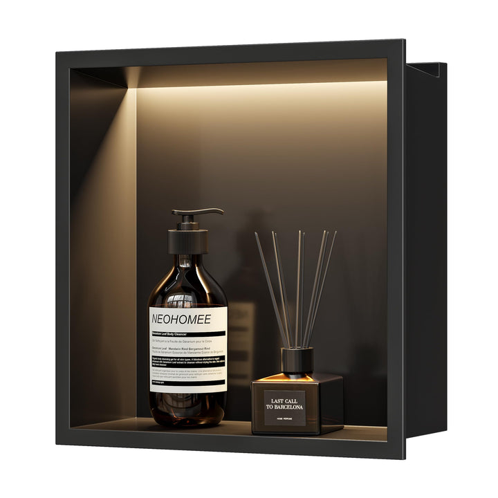 Neohomee Wandnische Dusche Edelstahl mit LED-Licht, Eingebettete Duschnische Schwarz Einzelregal Lag
