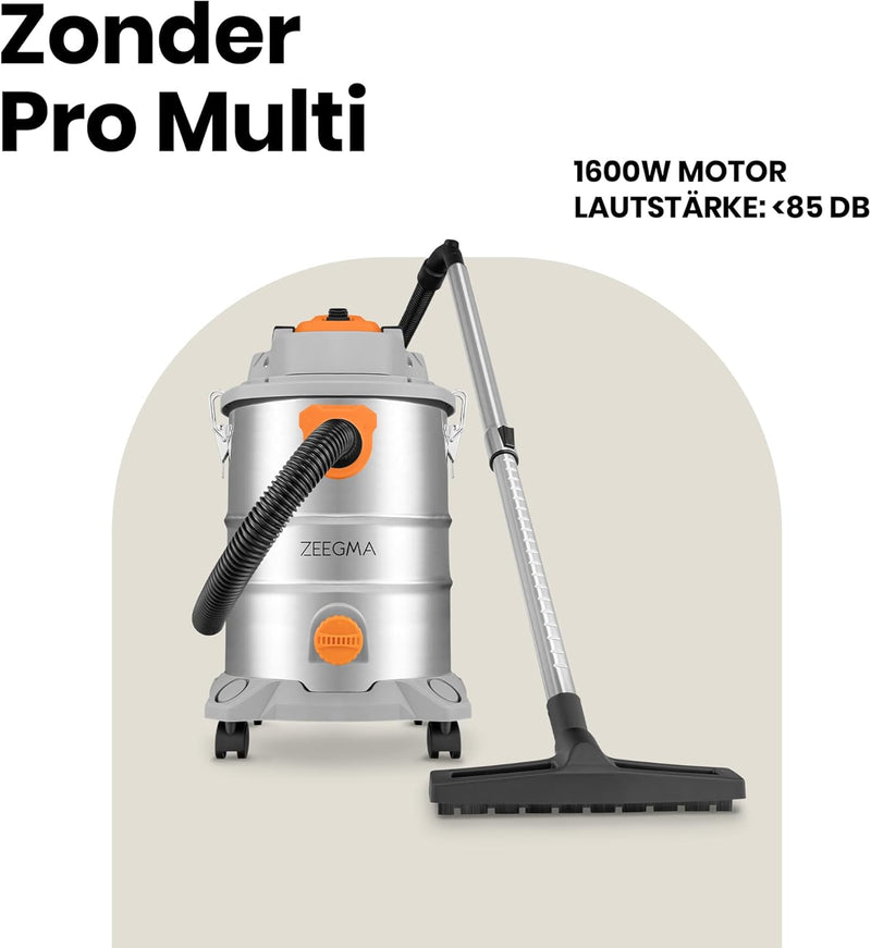 Zeegma ZONDER PRO Multi Nass Trockensauger, Industriestaubsauger 1600W für Asche, Behälter 25 L, Fil