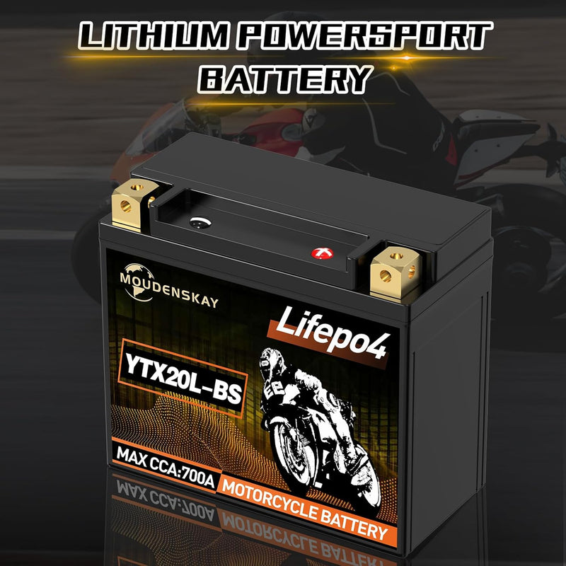 MOUDENSKAY Lithium Motorrad Batterie 12V Lithium Powersports Batterie mit BMS (YTX20L-BS 12.8V 8Ah 7