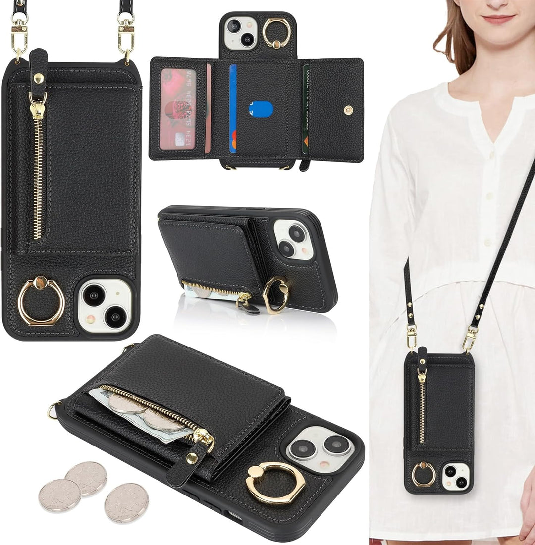 ELTEKER Handyhülle für iPhone 13 Hülle mit Band Kartenfach Handykette Ringhalterung Geldbörse,Leder