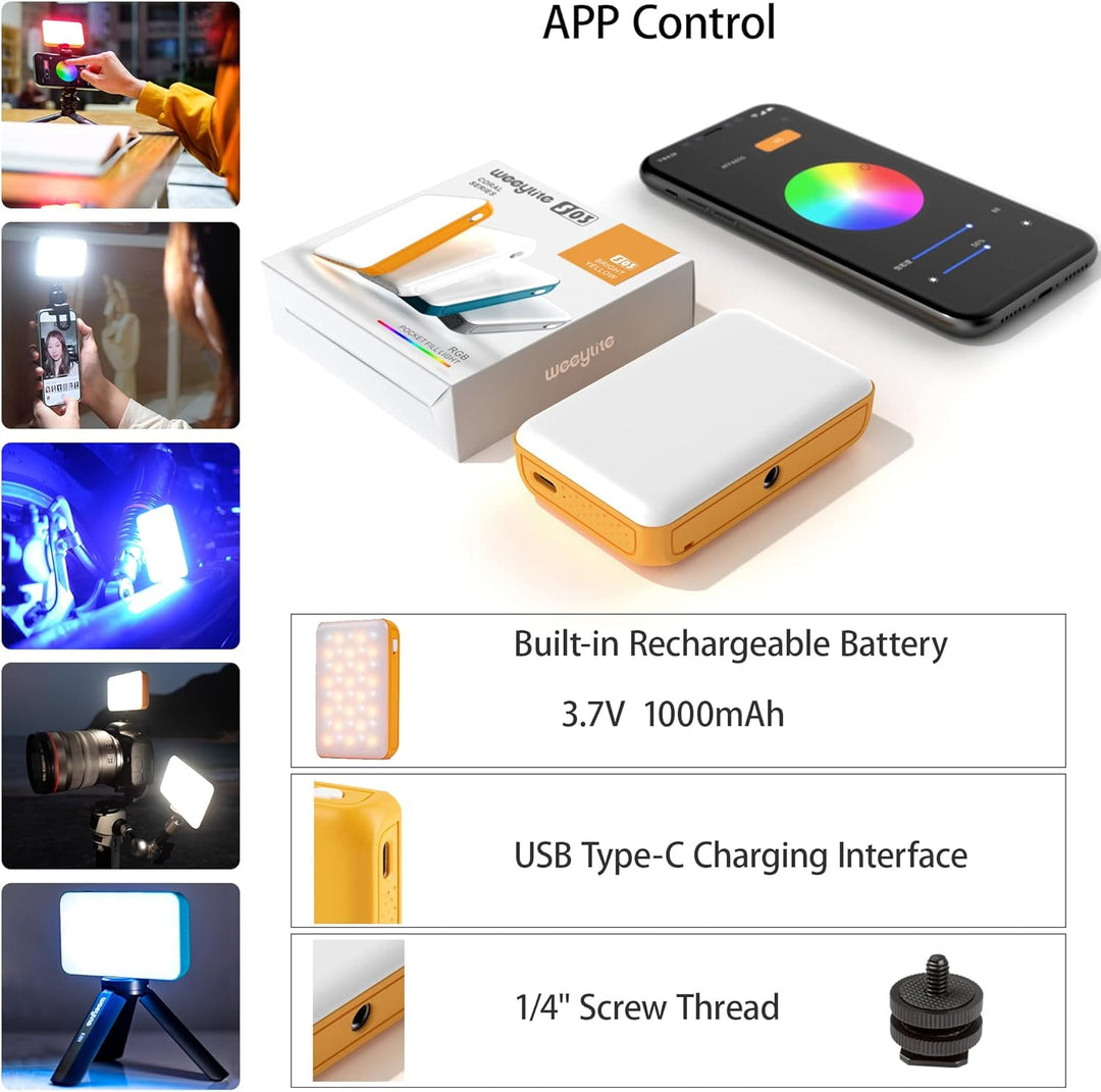 Weeylite S03 RGB Videoleuchte,Bluetooth APP Kontrolle Mini LED Videolicht mit Eingebautem Akku,Fotog