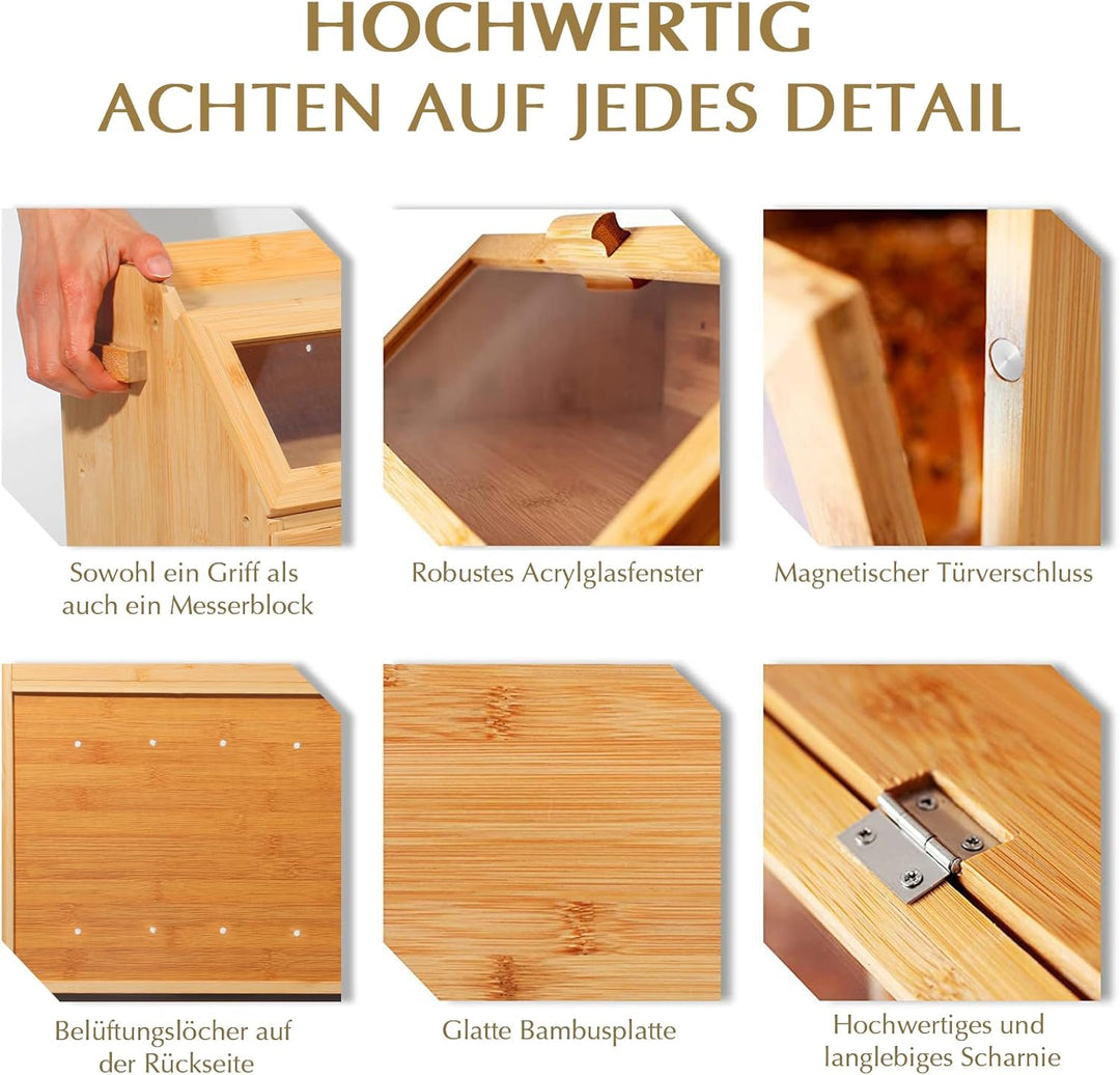 Bambus Brotkasten mit Belüftung, Grosser Brotbox, 2 Etagen und Sichtfenster, Holz Brotbehälter für H