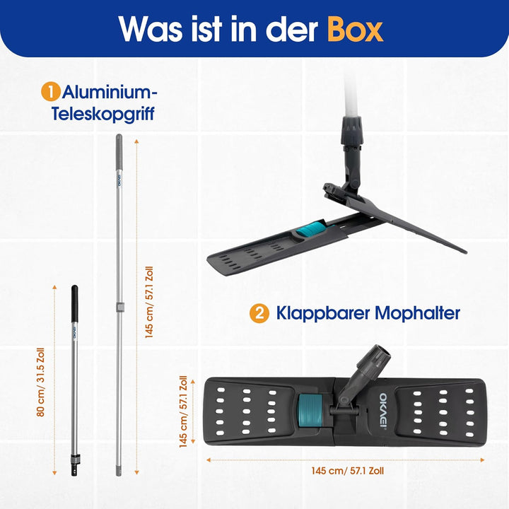 OKAEI Mop Set: Klapphalter mit Aluminium-Teleskopstiel – Verstellbar von 80 bis 145 cm – Robuster Mo