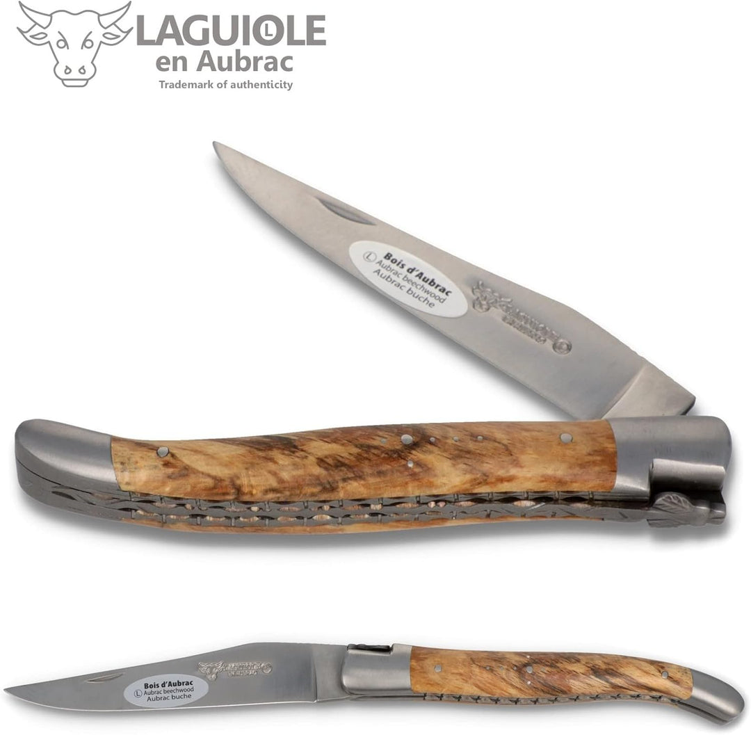 Laguiole en Aubrac Taschenmesser - 12 cm Doppelplatine - Griff Aubrac Buchenholz - Klinge 10 cm matt