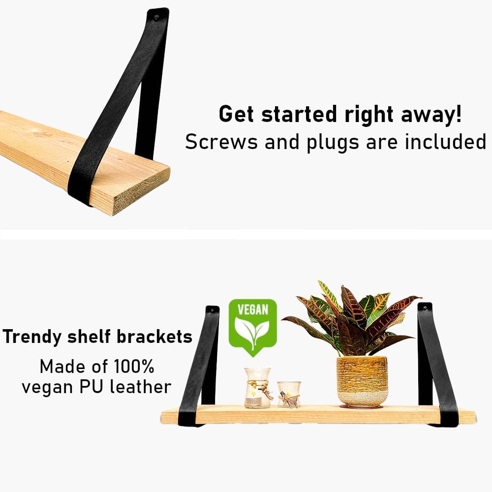 Brute Strength - Regalträger aus PU-Leder - Schwarz - 6 Stück - Regalträger - Wandhalter - Regalbänd