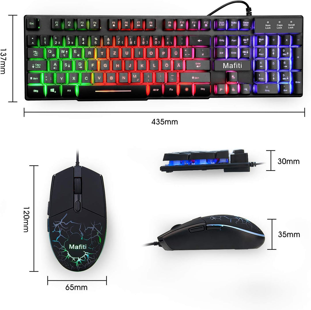Mafiti Tastatur und Maus Set, Kabelgebundenes, LED Hintergrundbeleuchtung QWERTZ (DE-Layout), Regenb