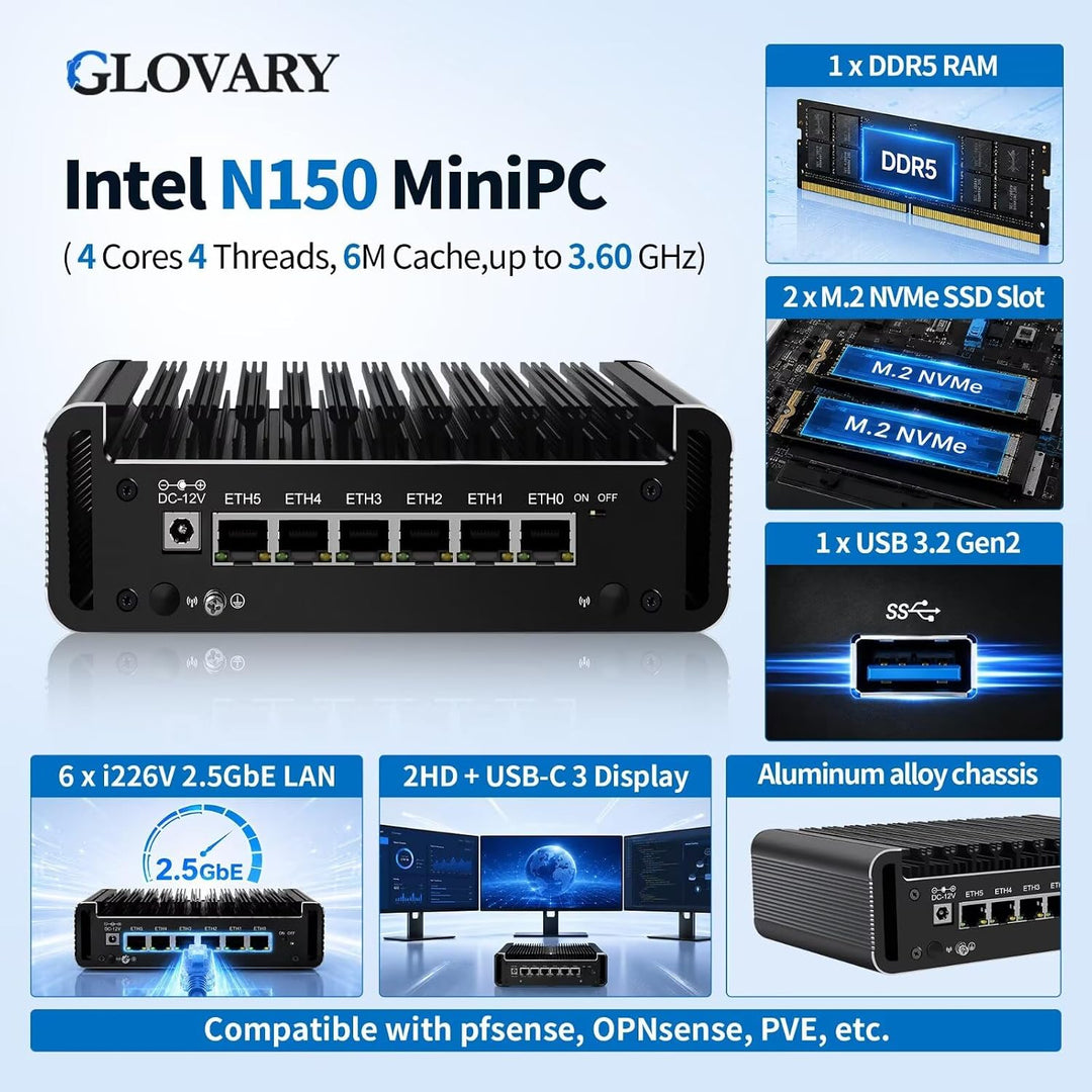 Glovary Firewall Mini PC Quad Core N100, DDR5 8GB RAM 128GB NVMe SSD, 6 x 2.5GbE i226V LAN Fanless C
