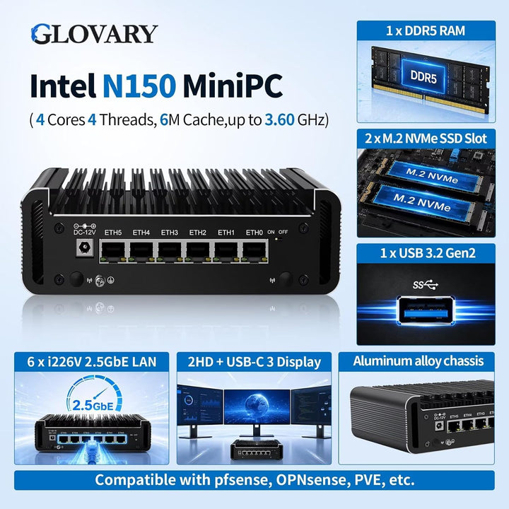 Glovary Firewall Mini PC Quad Core N100, DDR5 8GB RAM 128GB NVMe SSD, 6 x 2.5GbE i226V LAN Fanless C