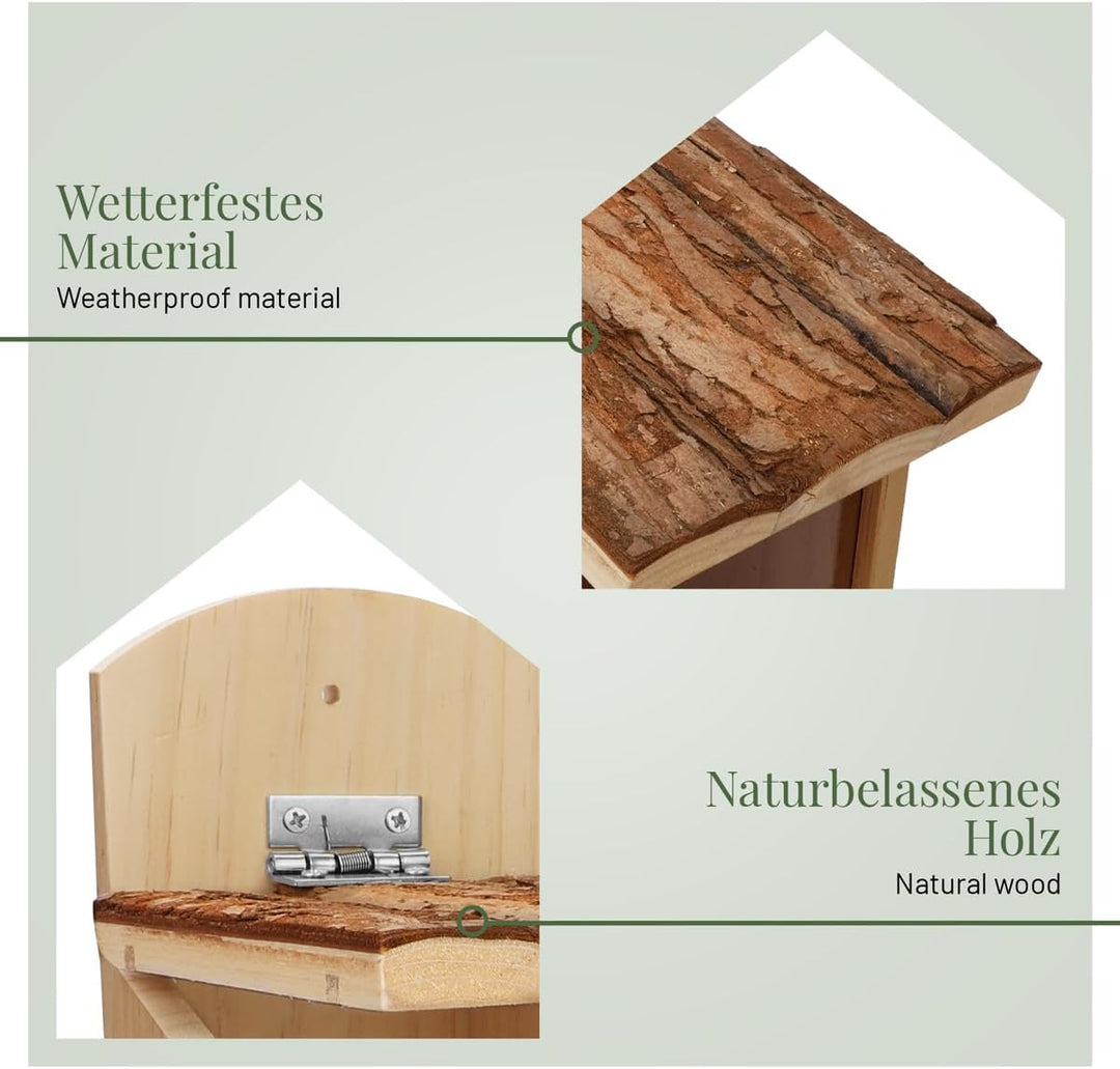 WILDLIFE HOME Eichhörnchen Futterhaus stabil aus Massivholz mit Rindendach - Wetterfest, Eichhörnche