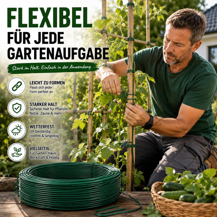 Gartendraht grün PVC ummantelt | Bindedraht für Pflanzen, Kabel, Netze, Basteln, Gartenbau – 1,4mm–2