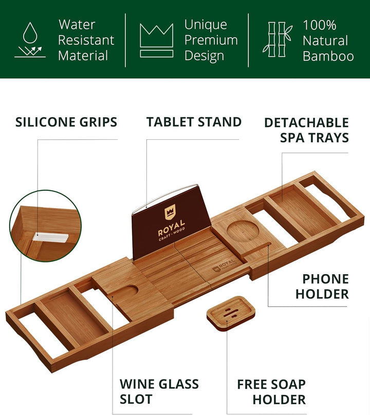 ROYAL CRAFT WOOD Badewannenablage aus Bambus, inkl. Seifenhalter, Braun, Braun