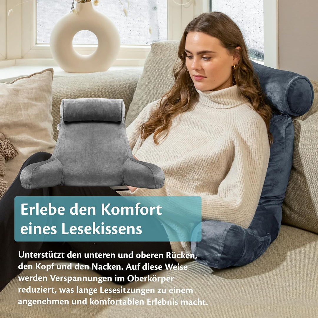 Ella Lesekissen für Bett und Sofa mit Abnehmbarer Nackenrolle - Rückenkissen Bett - Reading Pillow a