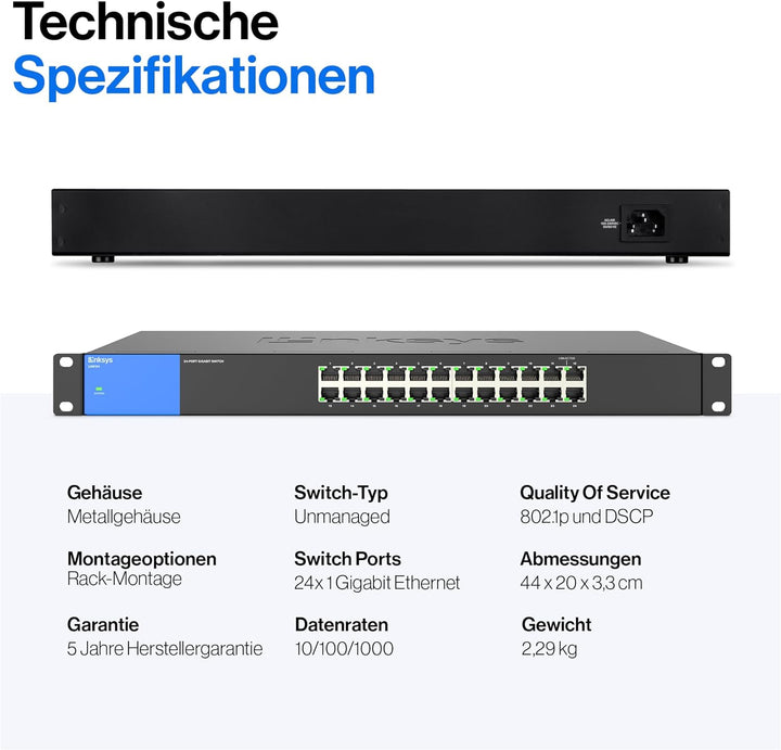 Linksys LGS124-EU 24-Port Unmanaged Gigabit-Netzwerk-Switch – Ethernet-Switch/Hub mit Metallgehäuse,