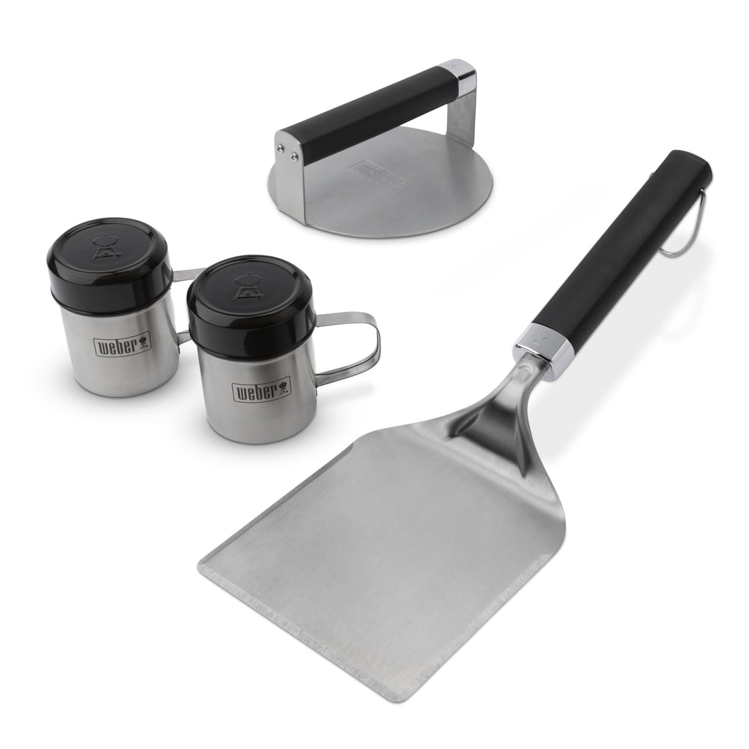 Weber Smashed Burger Set/besteht aus Burger Presse, Wender und 2X Gewürzstreuern, aus Edelstahl - Si