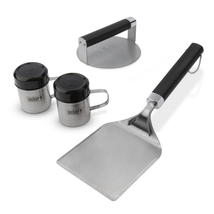 Weber Smashed Burger Set/besteht aus Burger Presse, Wender und 2X Gewürzstreuern, aus Edelstahl - Si