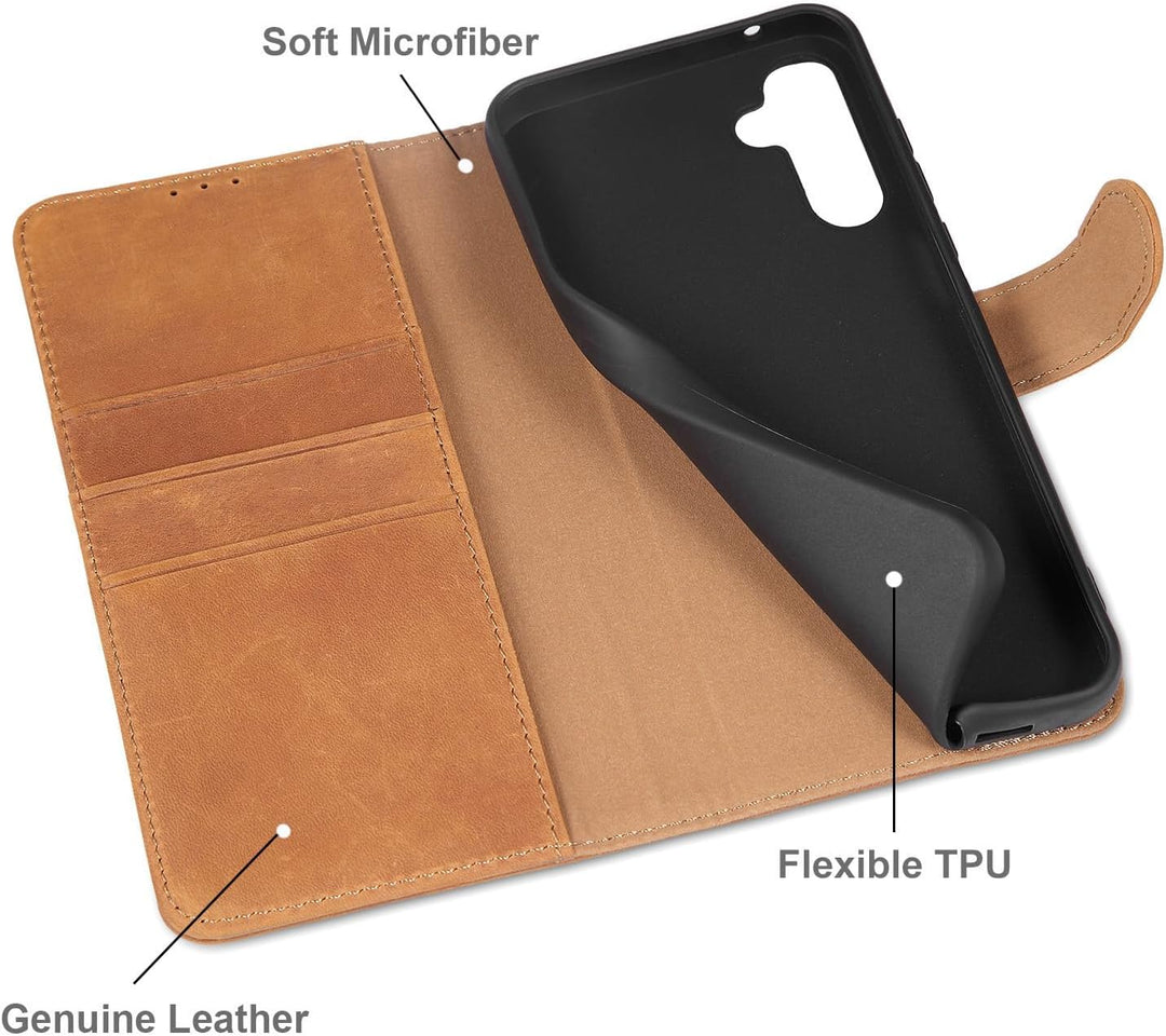 LENSUN Echtleder Hülle für Samsung Galaxy A55, Handyhülle [Echtes Leder][Kartenfach][RFID Schutz] Ha
