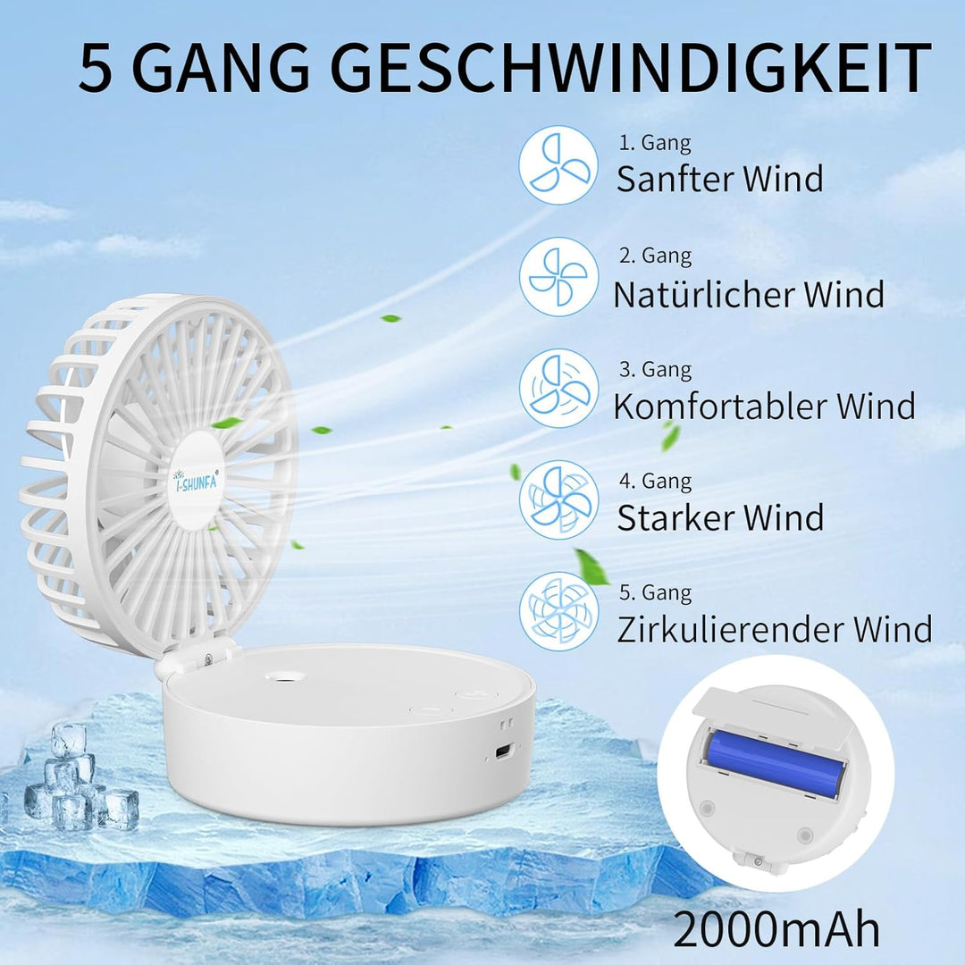 Handventilator mit Kühlen Nebel,Tragbarer Mini Ventilator USB-Aufladbar,5 Geschwindigkeiten,Faltbare