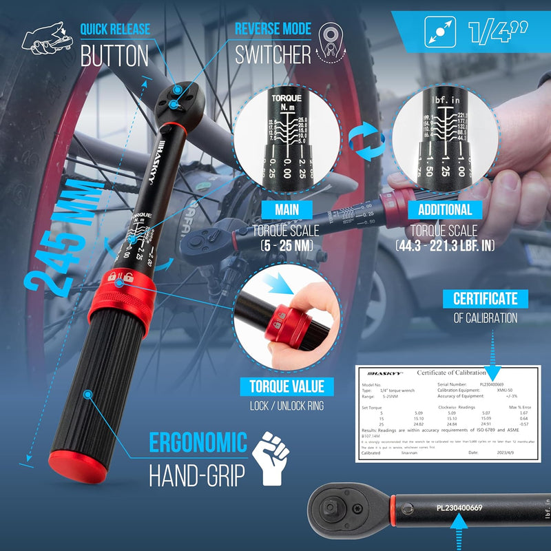 HASKYY Drehmomentschlüssel 1/4" 5-25Nm Fahrrad Motor Motorrad Quad Drehmoment Ratsche Knarre Schlüss