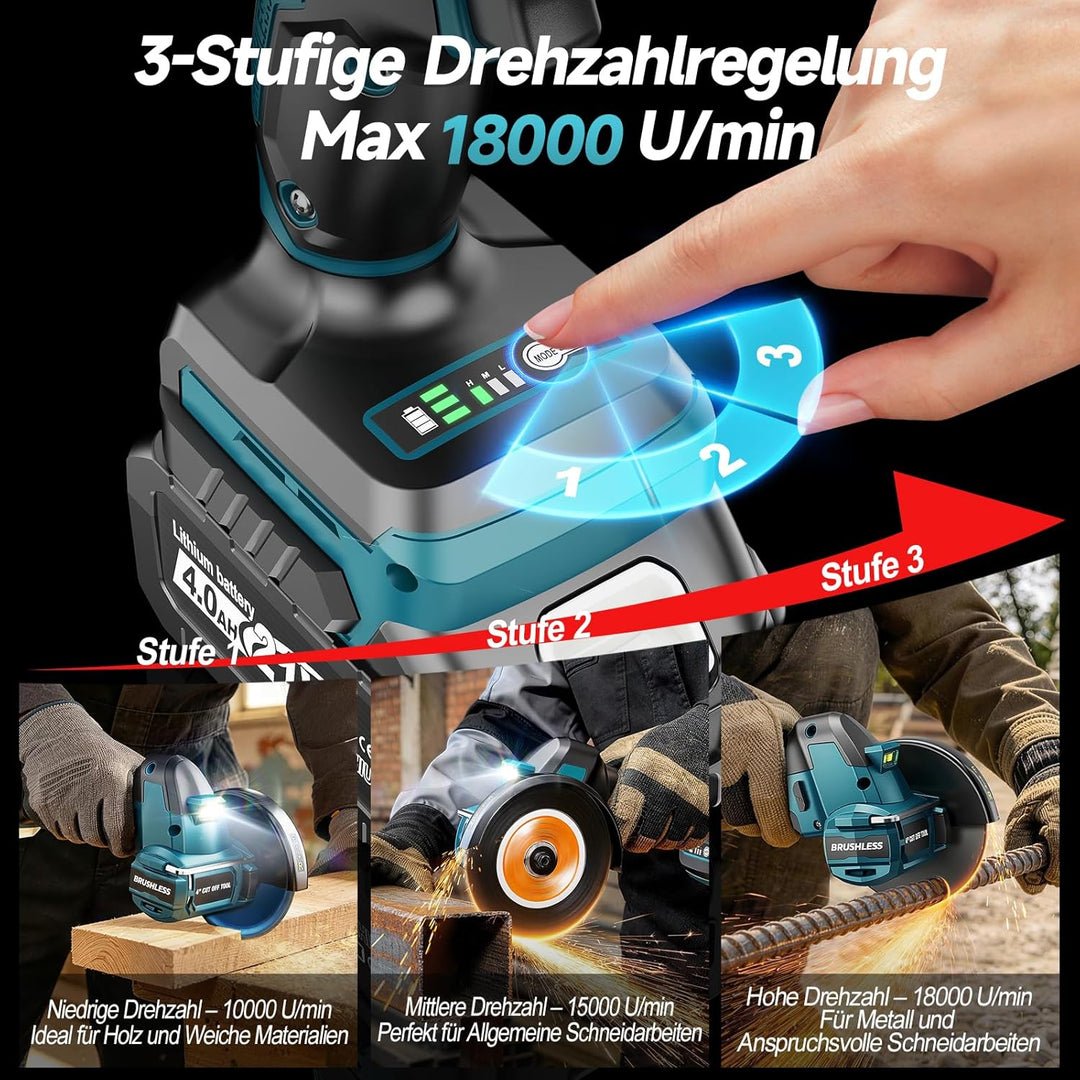 Yofuly Mini Winkelschleifer 100mm Kompatibel mit Makita 18V Akku, Bürstenloser 3 Geschwindigkeitsstu
