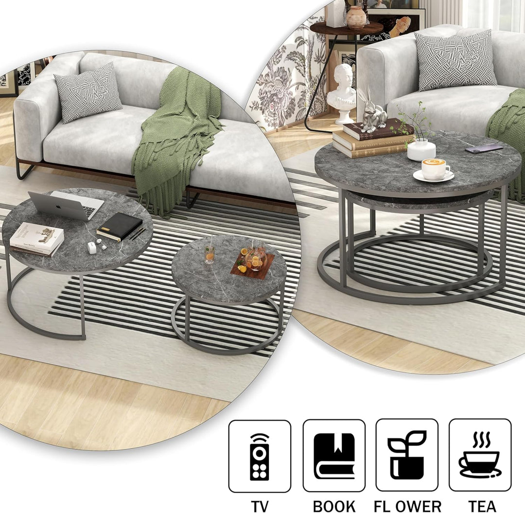 Couchtisch Rund Grau, Wohnzimmertisch Grau mit Metallgestell, Coffee Table, Couch Tisch, Couchtisch