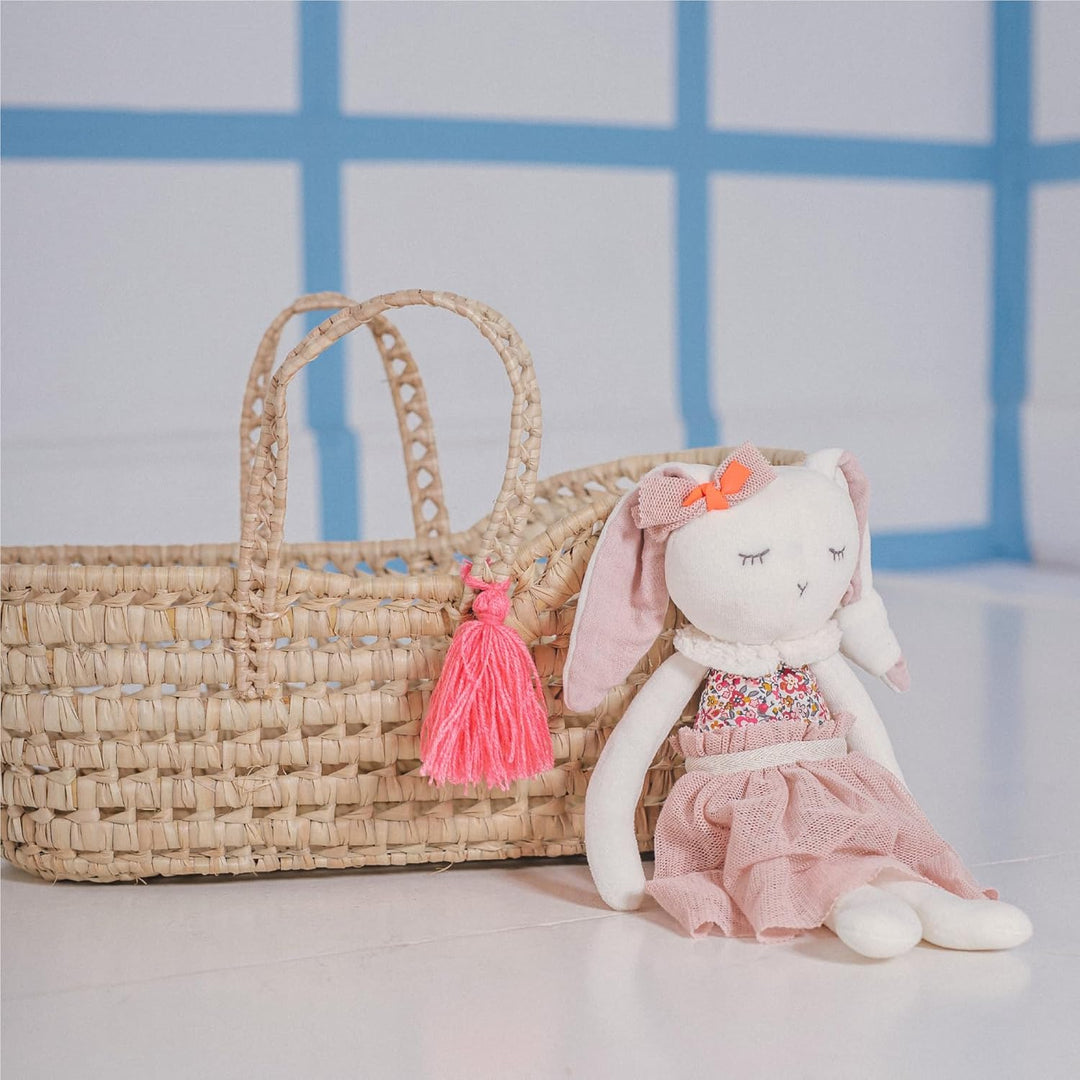 Kikadu grosser Puppenkorb aus Palmblatt, handgeflochtene Puppentragetasche in Pink, 40 x 18 x 17 cm,