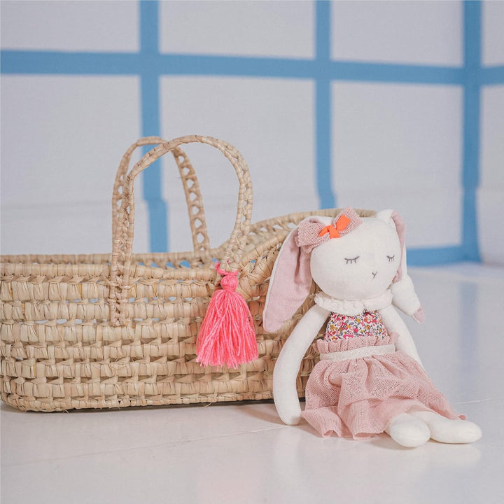 Kikadu grosser Puppenkorb aus Palmblatt, handgeflochtene Puppentragetasche in Pink, 40 x 18 x 17 cm,