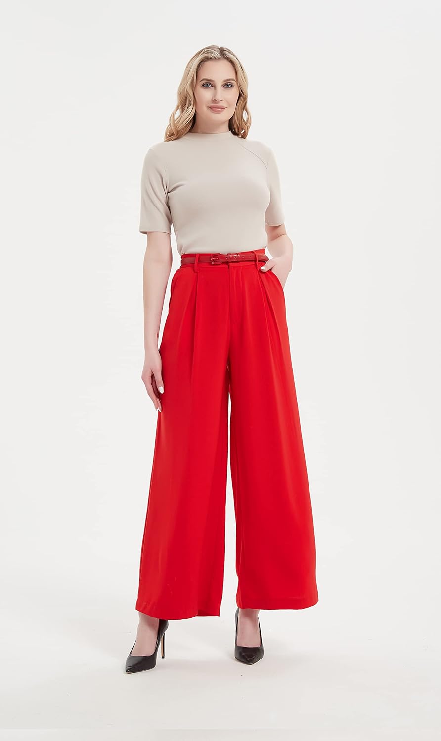 Tronjori Damen Hose Weites Bein Frauen Lange Hose mit Taschen Einfarbig Lose elastische Hohe Taille