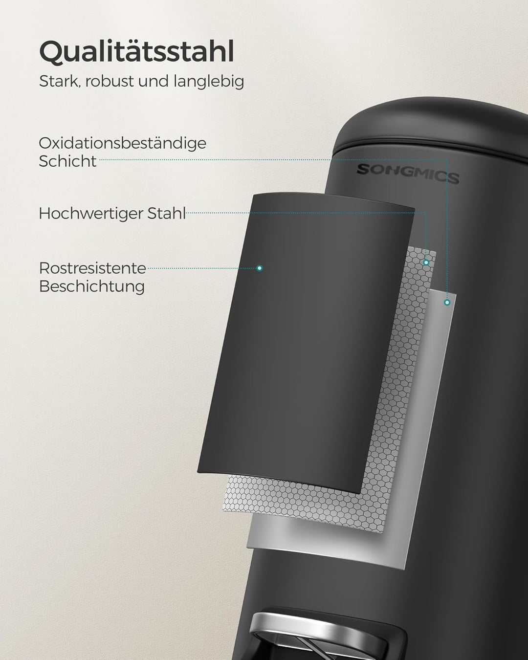 SONGMICS Kosmetikeimer, 10 Liter, Mülleimer Bad, mit Deckel, Tretmülleimer, Abfalleimer klein, schma