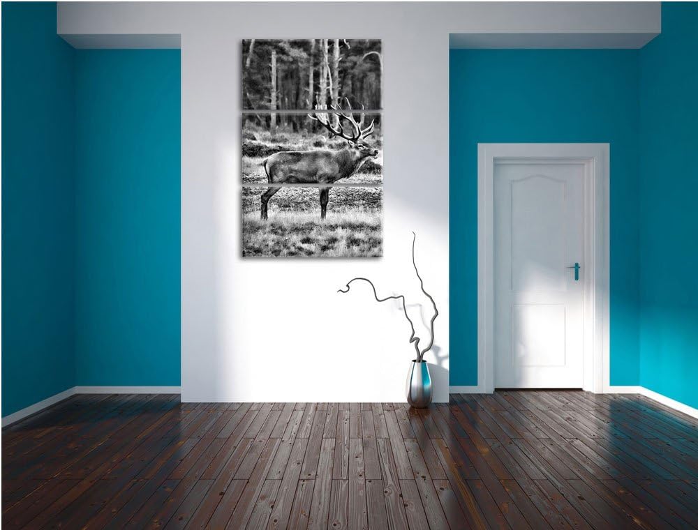 Pixxprint Monocrome, Hirschfamilie auf herbstlicher Waldlichtung 3-Teiler Leinwandbild 120x80 Bild a